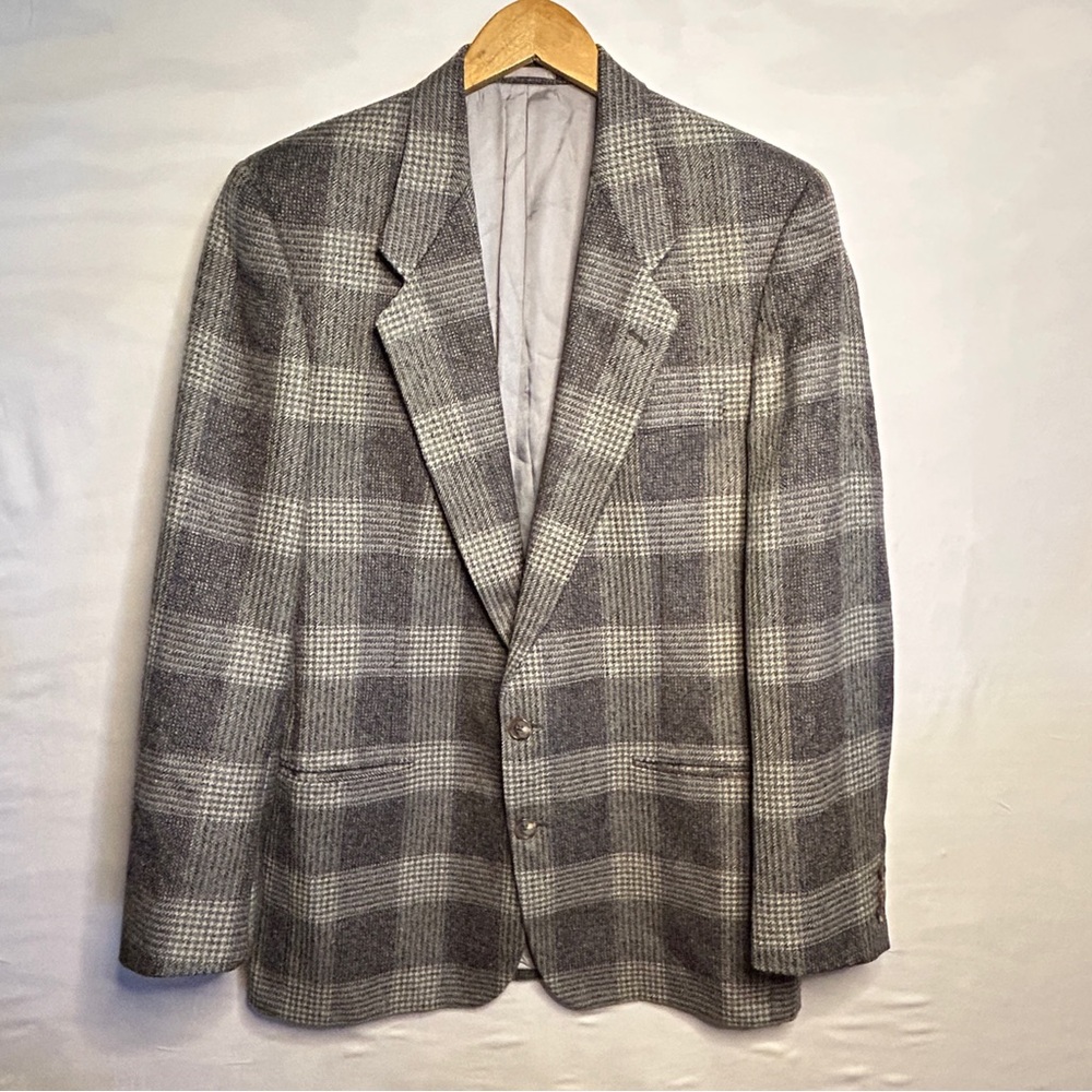 Vintage Neiman Marcus Gray Plaid Windowpane Blazer Sport Coat 43R Wool Tweed